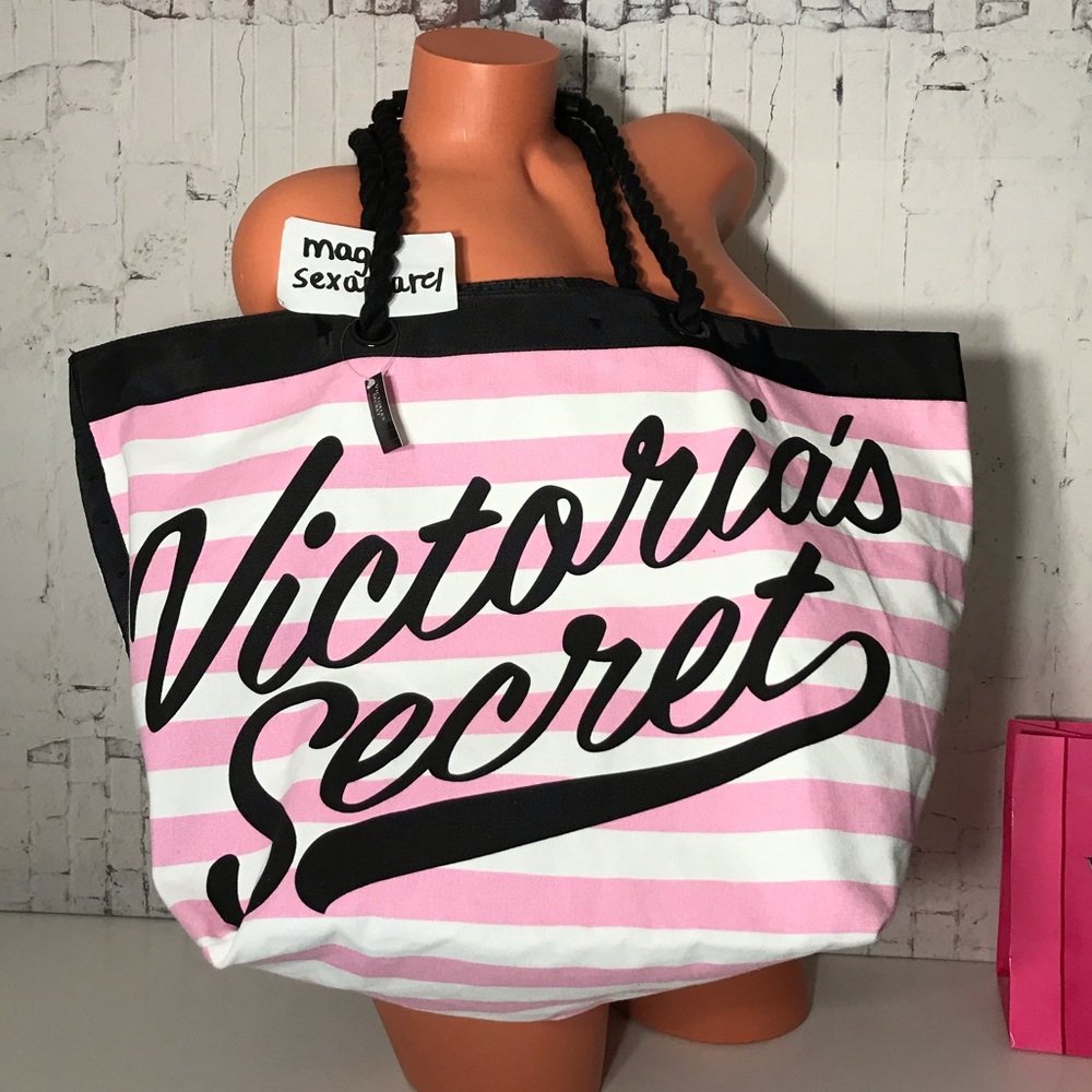 VICTORIA’S SECRET WEEKENDER CANVAS TOTE BAG STRIPED LOGO OUTSTANDING QUALITY - Picture 2 of 3